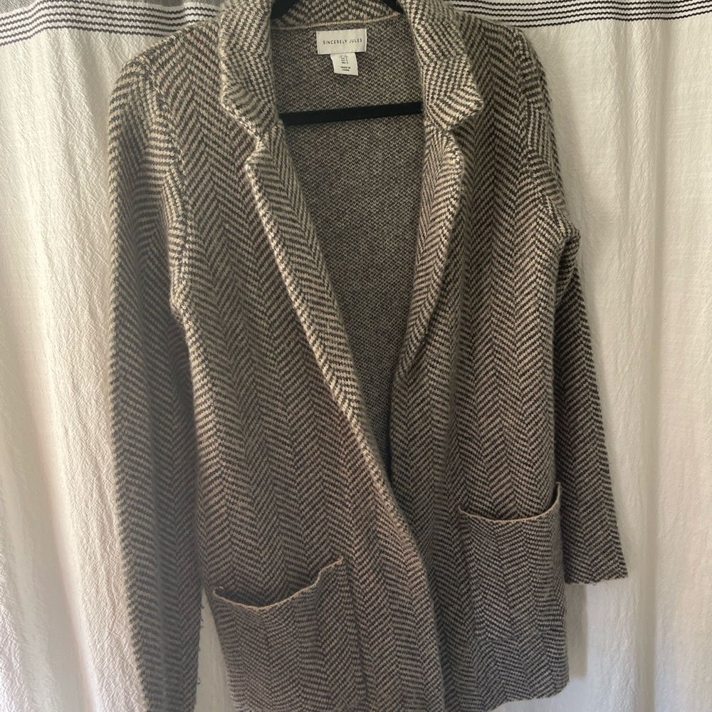 Taupe Herringbone Open Front Cardigan Sweater